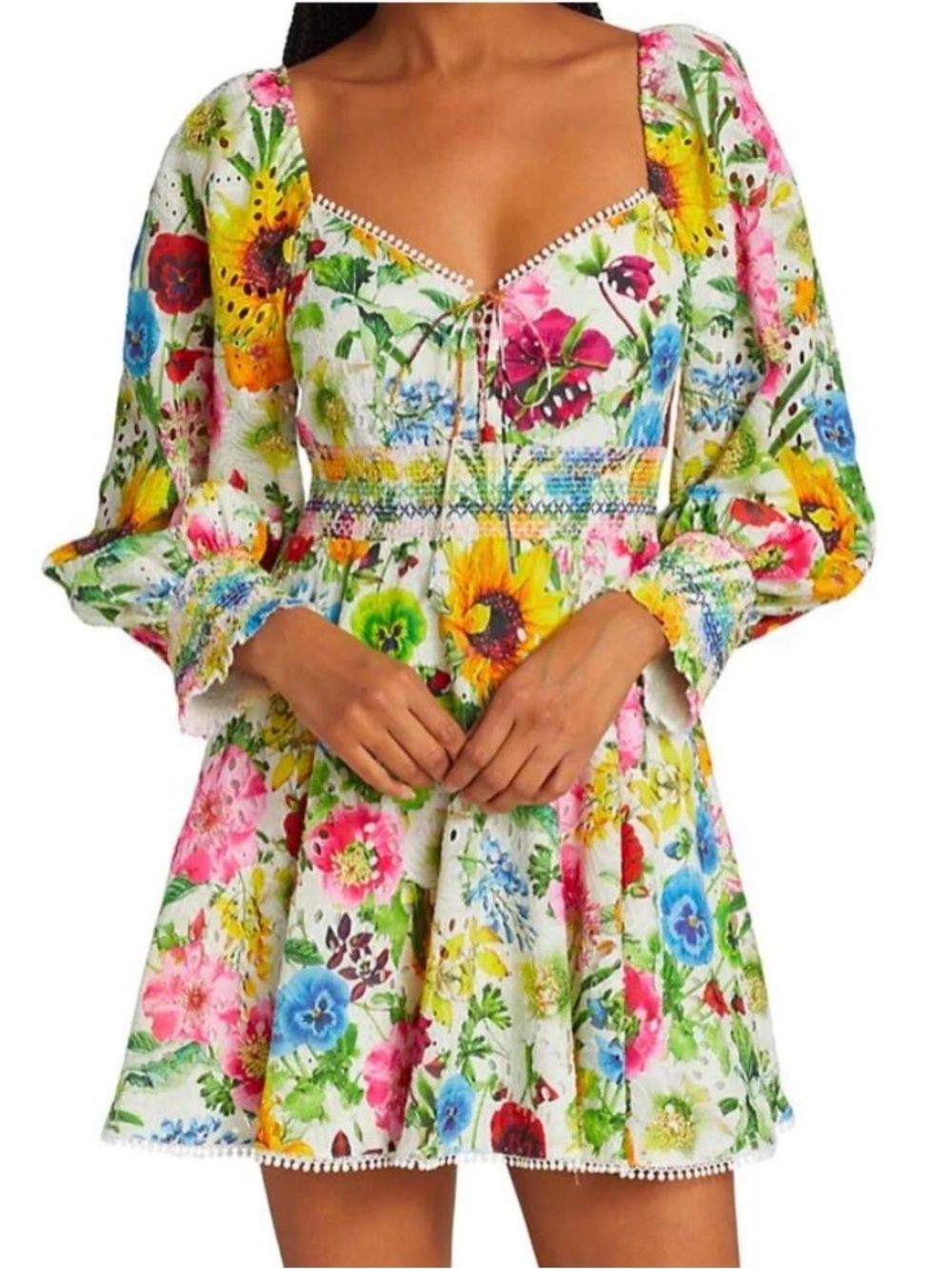 Alice + Olivia White Floral Mini Dress with Pink, Yellow, Blue, Green Accents